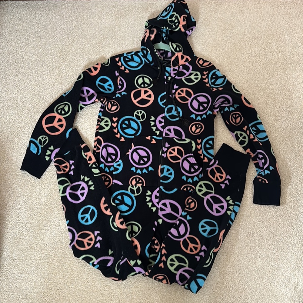 Size Small Pajamagram adult onesie fleece pajamas, black with multicolor accents